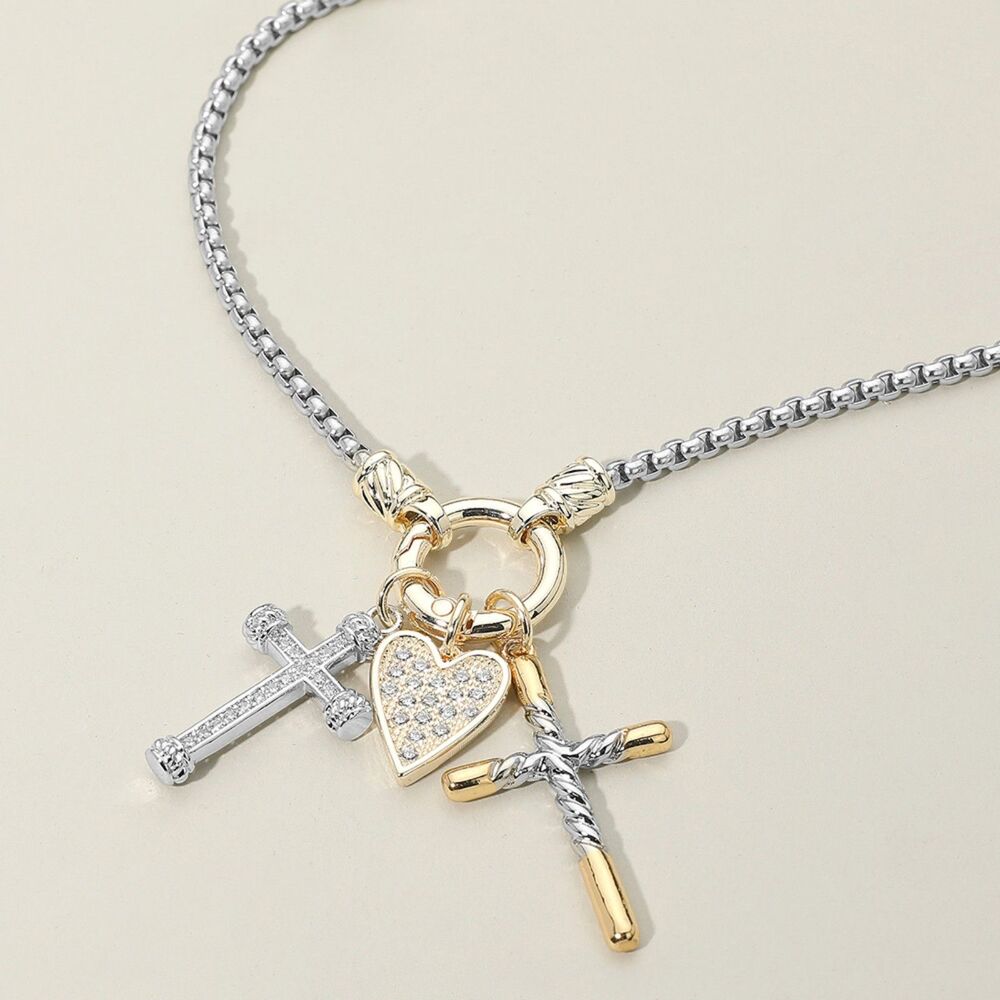 14K Gold Two Tone Double Cross CZ Stone Heart Charm Pendant Necklace Chain